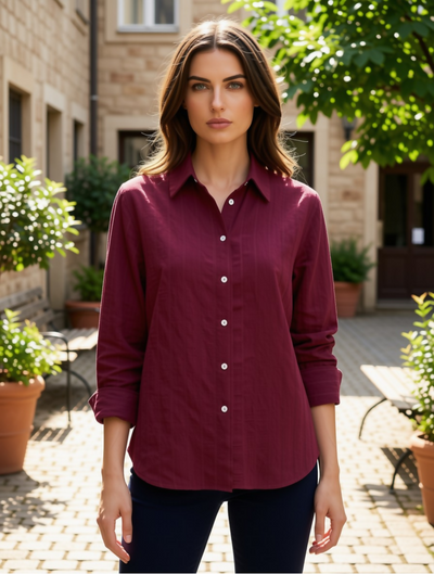 Burgundy Self-Stripe Shirt with Classic Collar & Back Pleat