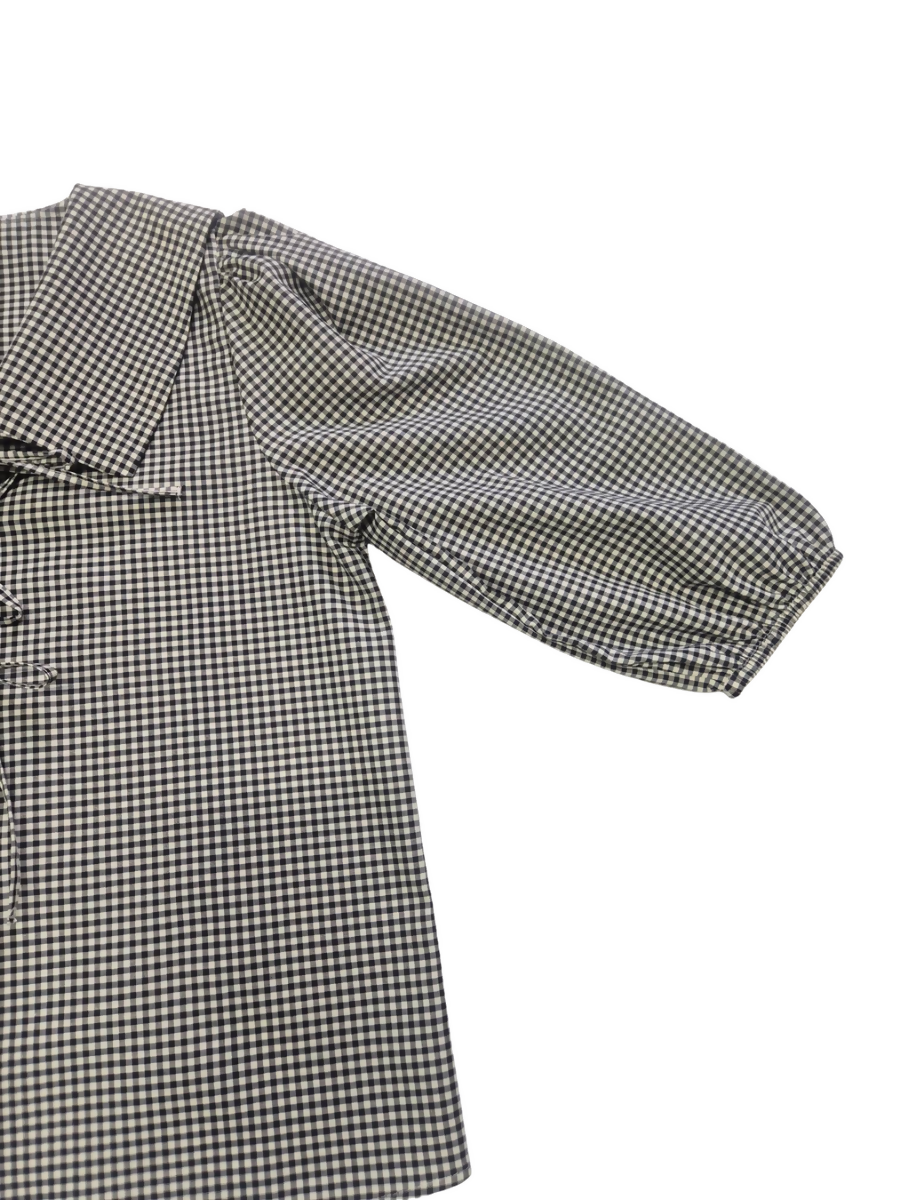 Black & White Gingham Blouse with Oversized Collar & Lace-Up Front