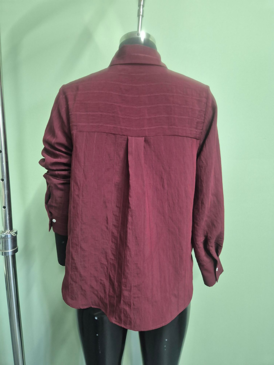 Burgundy Self-Stripe Shirt with Classic Collar & Back Pleat