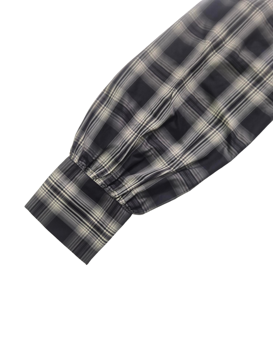 Check Blouse with Oversized Baby Collar & Button Front