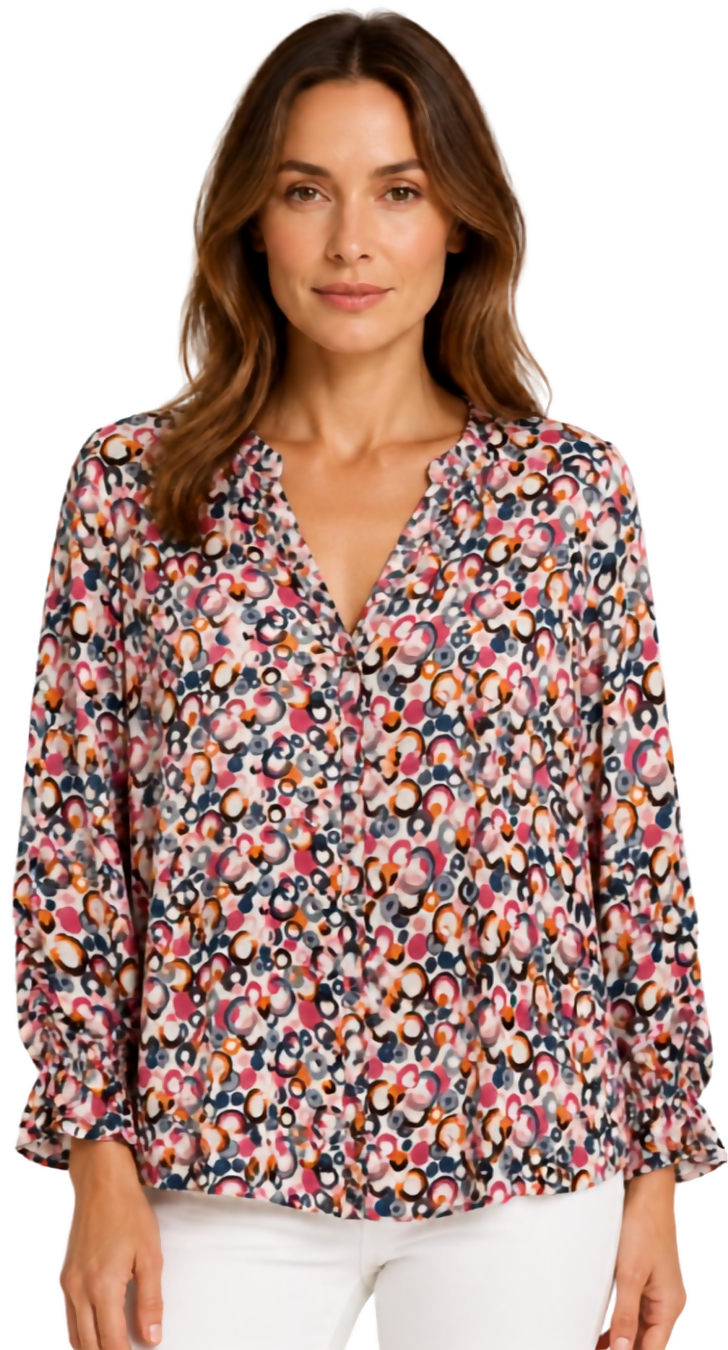 Multicolor Mandarin Collar Blouse with Ruched Sleeve