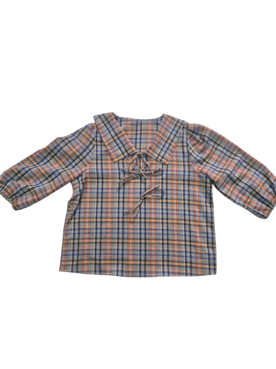 Plaid Lace-Up Blouse with Baby Collar & Puff Sleeves