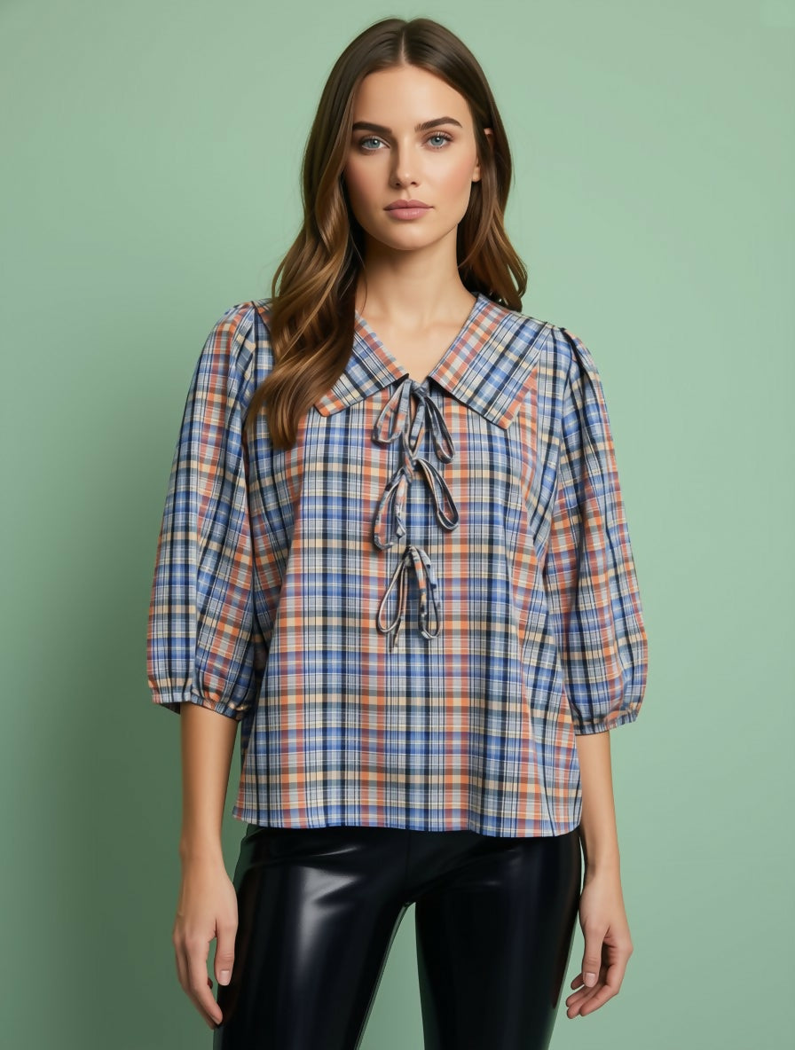 Plaid Lace-Up Blouse with Baby Collar & Puff Sleeves