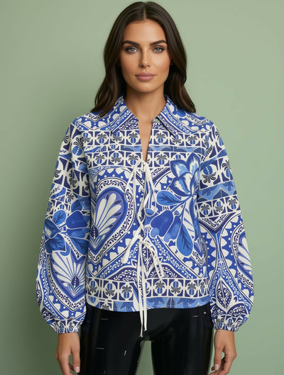 Blue Floral Print Lace-Up Blouse with Balloon Sleeves