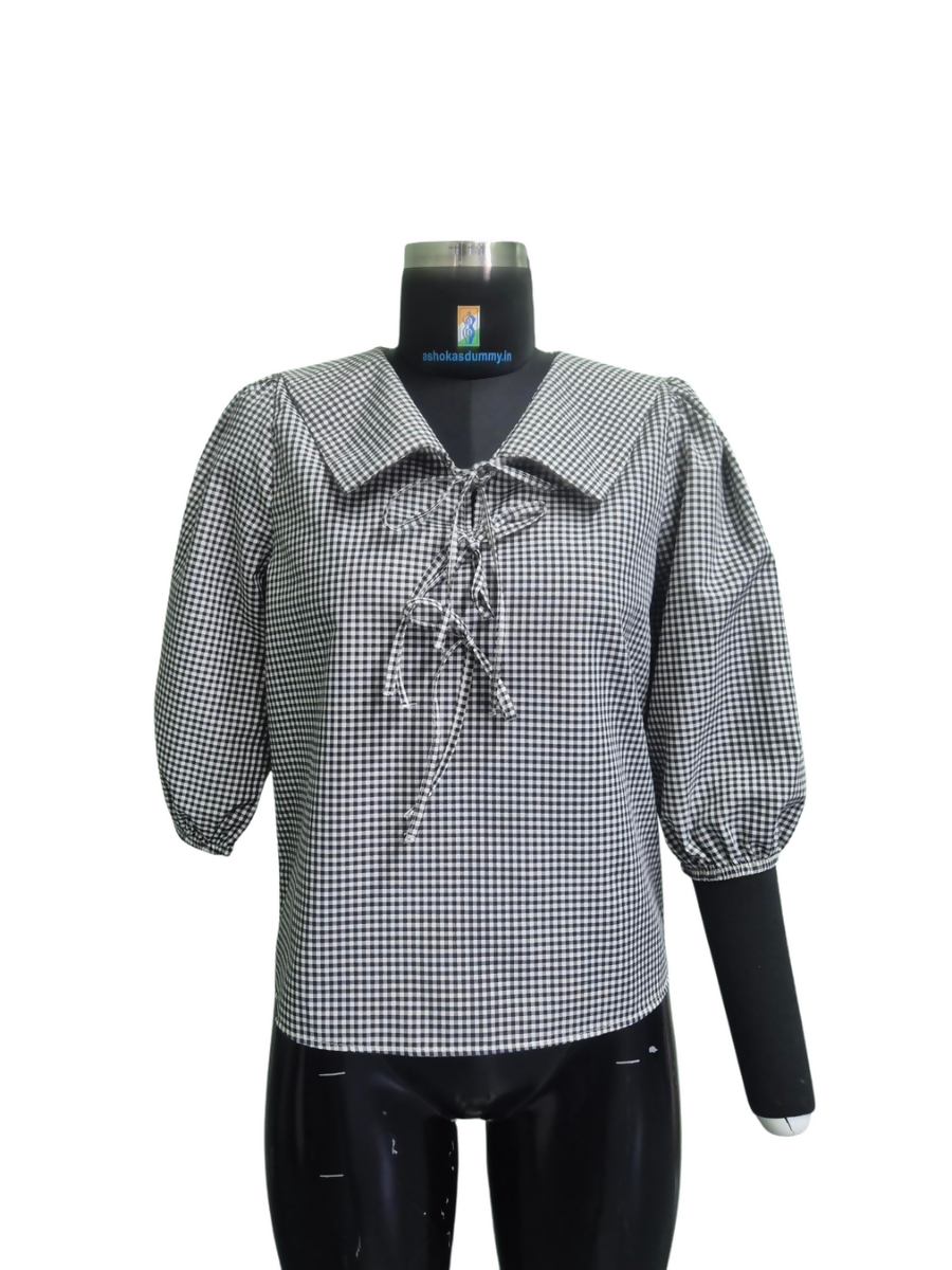 Black & White Gingham Blouse with Oversized Collar & Lace-Up Front