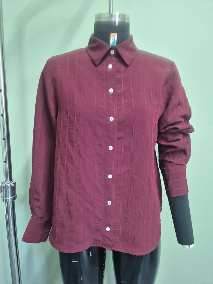 Burgundy Self-Stripe Shirt with Classic Collar & Back Pleat