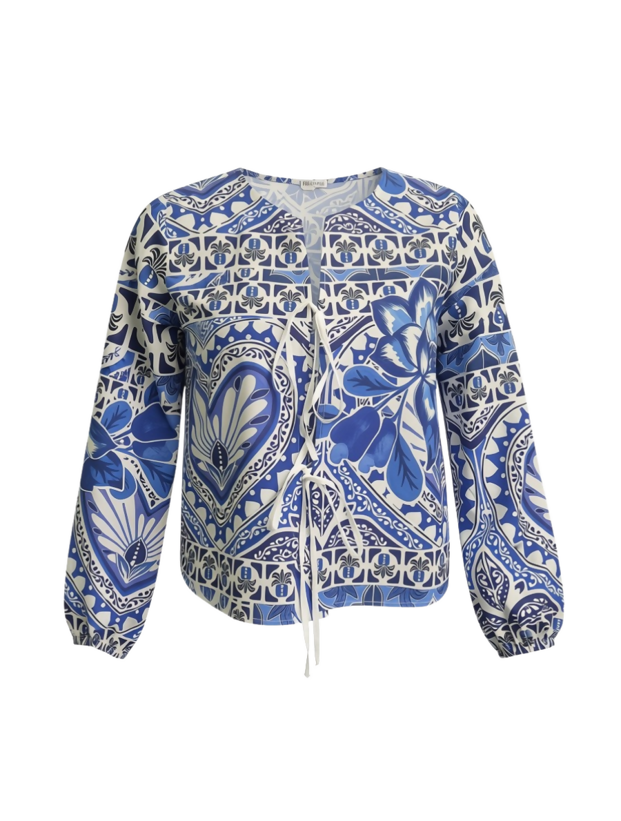 Blue Floral Print Lace-Up Blouse with Balloon Sleeves