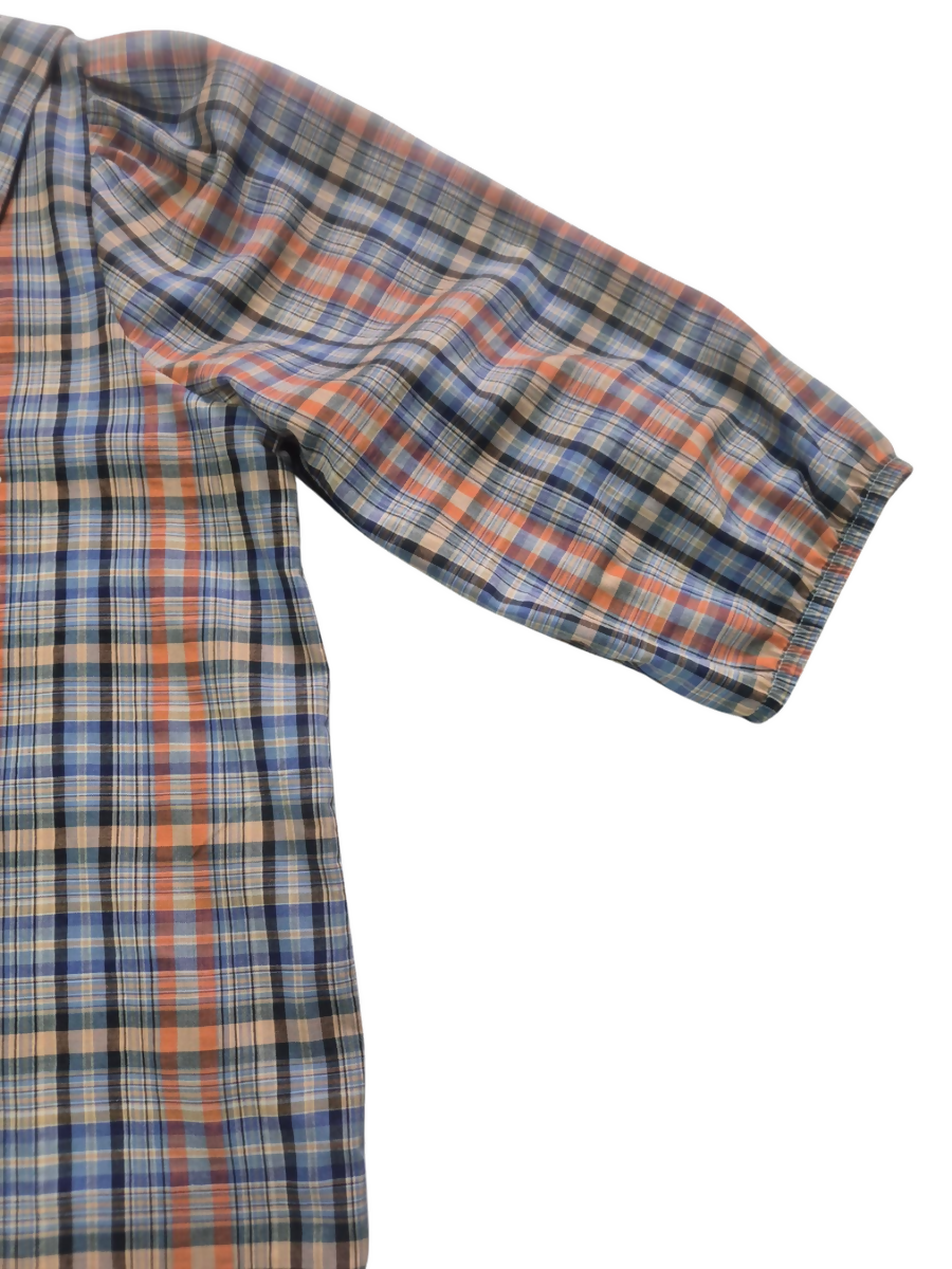 Plaid Lace-Up Blouse with Baby Collar & Puff Sleeves