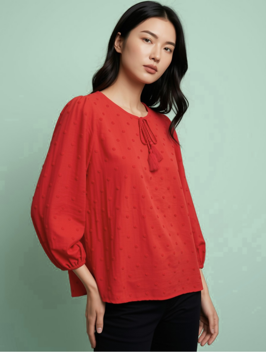 Red Swiss Dot Blouse with Tassel Tie & Balloon Sleeves