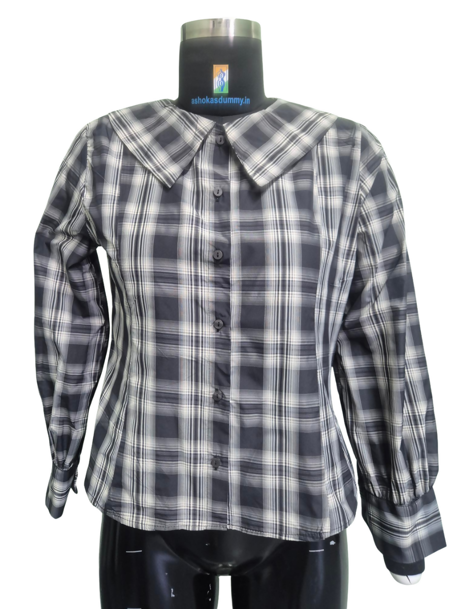 Check Blouse with Oversized Baby Collar & Button Front