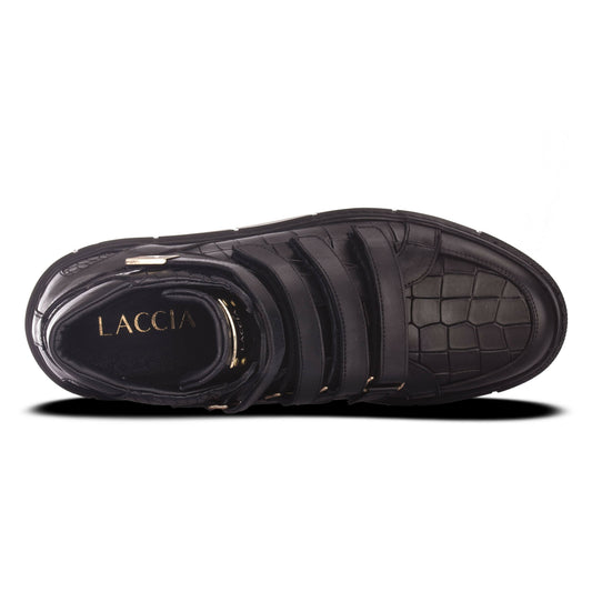 Laccia Black Croco Emboss High-Top Sneaker with Triple Velcro Strap