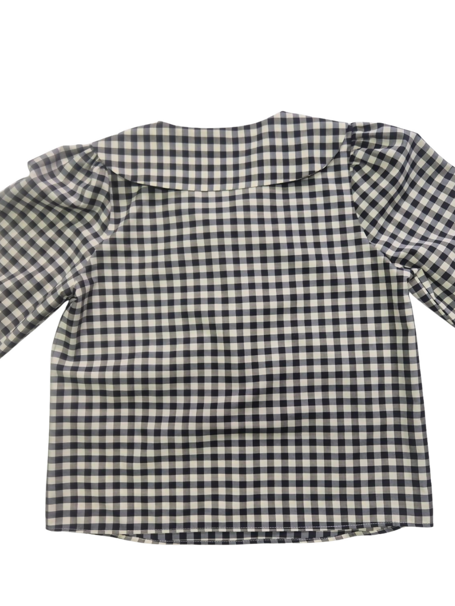 Black & White Gingham Blouse with Baby Collar Tie & Balloon Sleeves