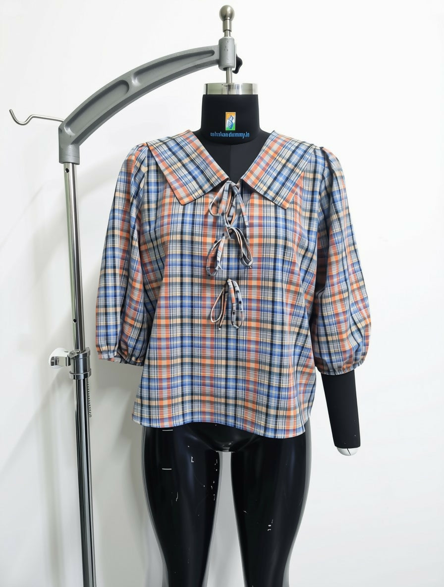 Plaid Lace-Up Blouse with Baby Collar & Puff Sleeves