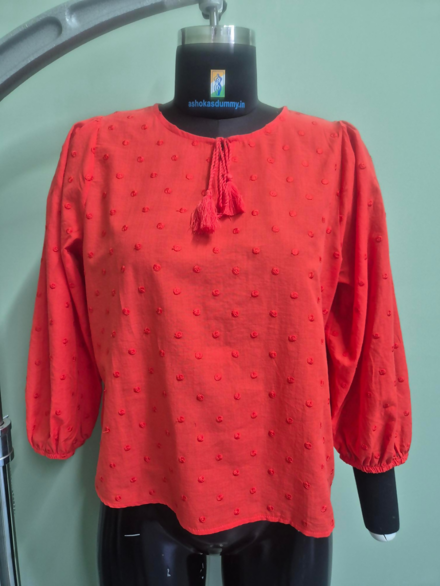 Red Swiss Dot Blouse with Tassel Tie & Balloon Sleeves