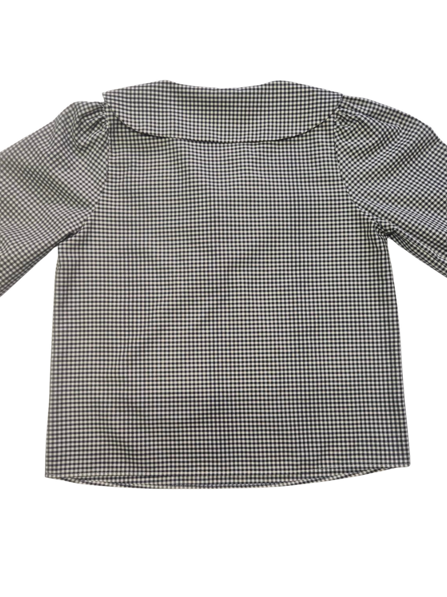 Black & White Gingham Blouse with Oversized Collar & Lace-Up Front