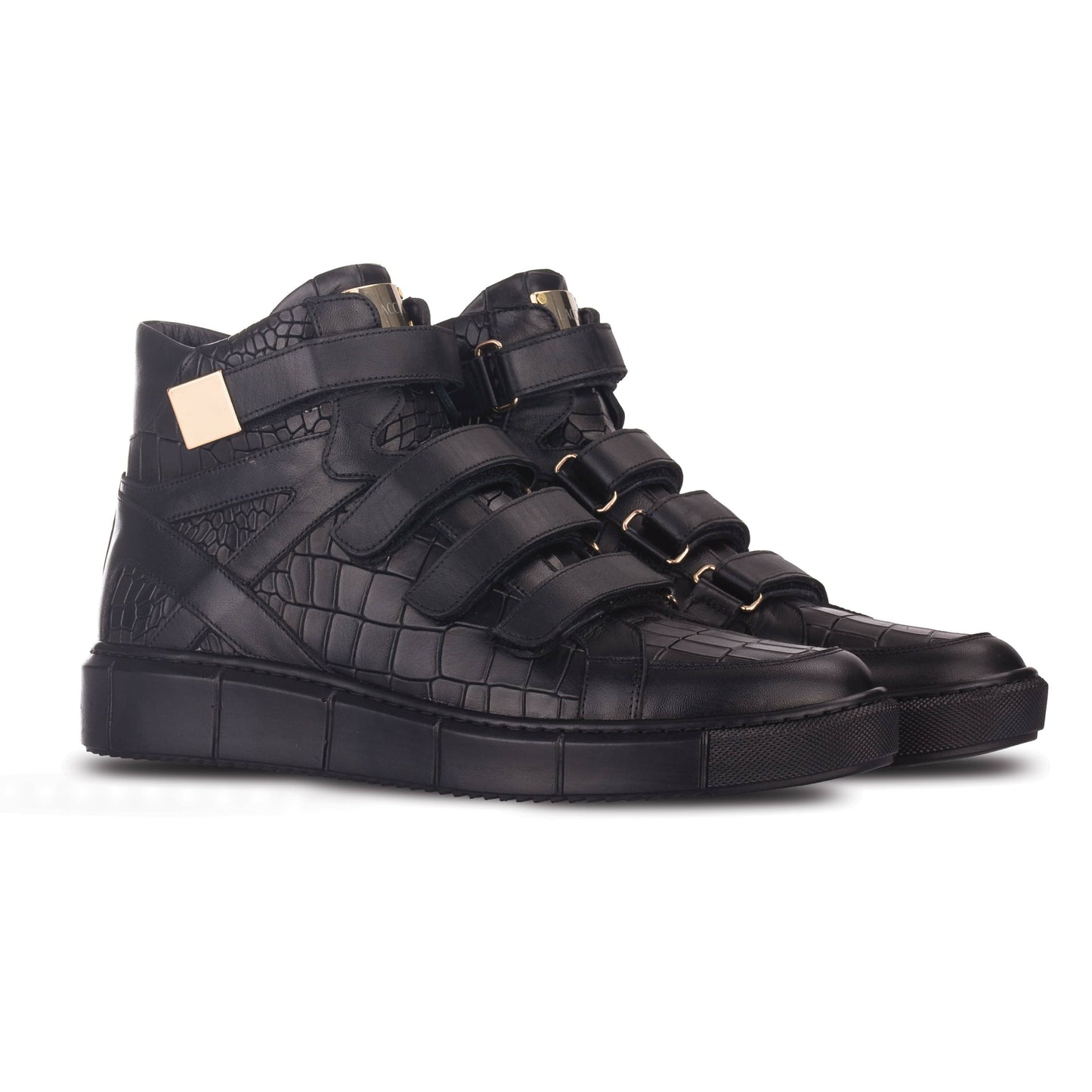 Laccia Black Croco Emboss High-Top Sneaker with Triple Velcro Strap