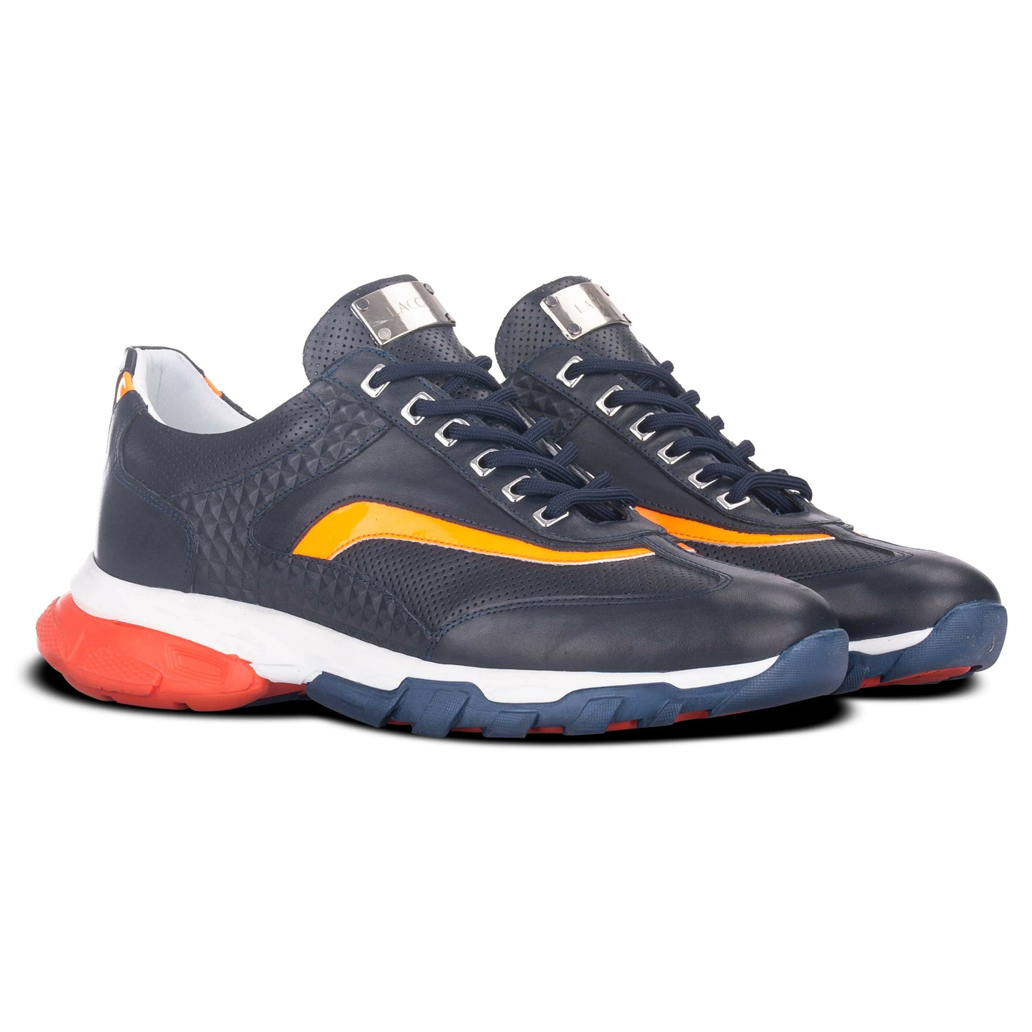 Laccia Navy Perforated Leather Sneaker with Orange Stripe & Tricolor Sole