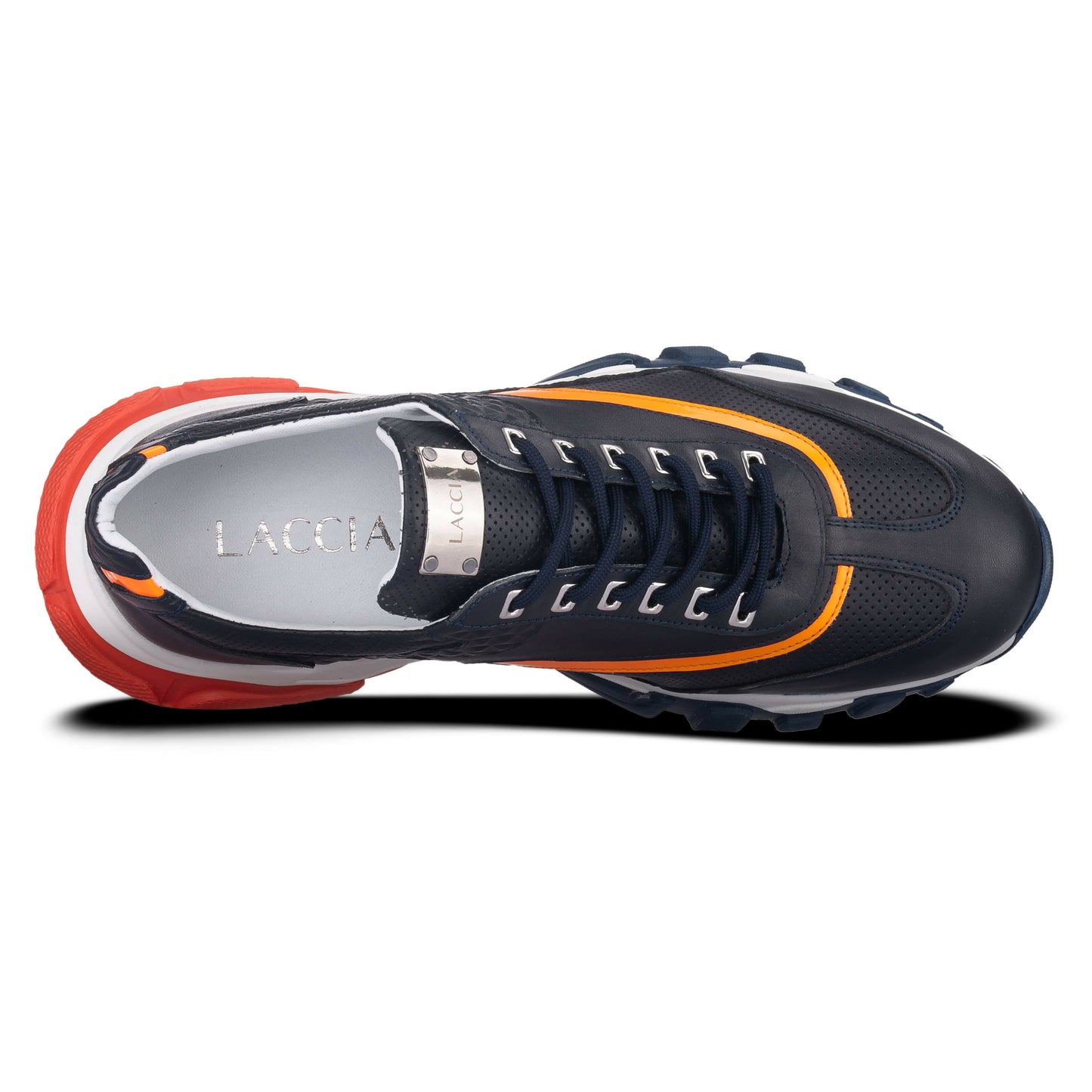 Laccia Navy Perforated Leather Sneaker with Orange Stripe & Tricolor Sole