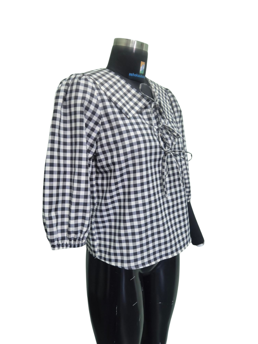 Black & White Gingham Blouse with Baby Collar Tie & Balloon Sleeves