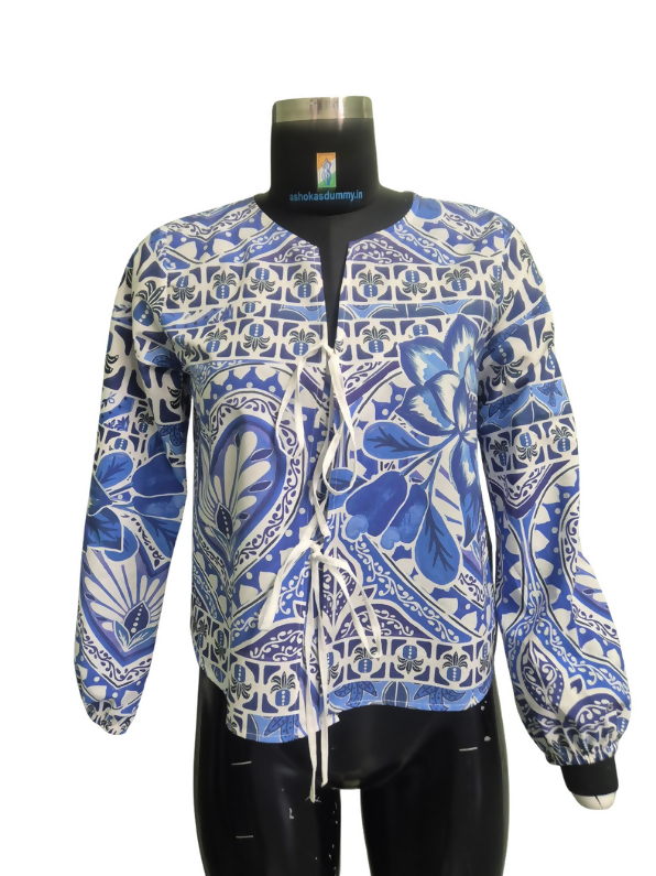 Blue Floral Print Lace-Up Blouse with Balloon Sleeves