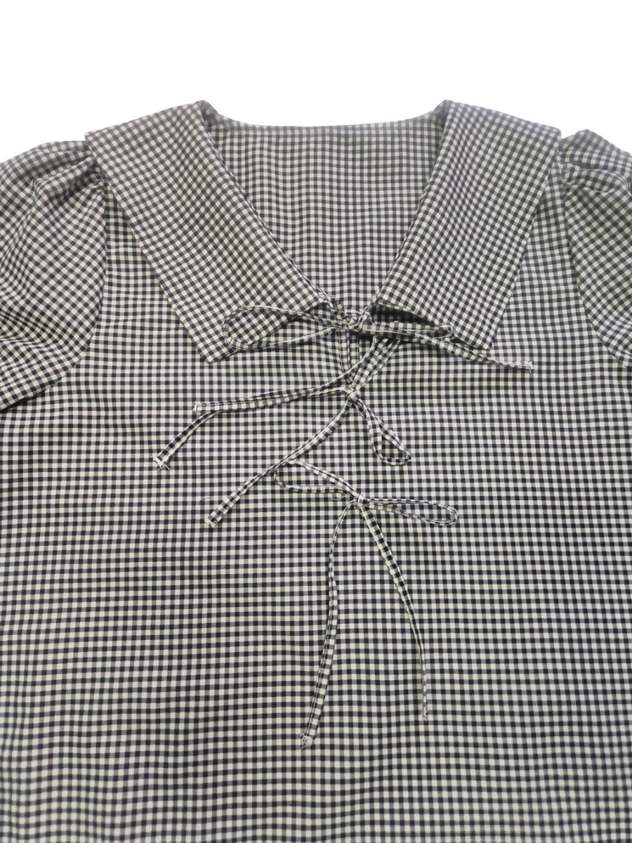 Black & White Gingham Blouse with Oversized Collar & Lace-Up Front