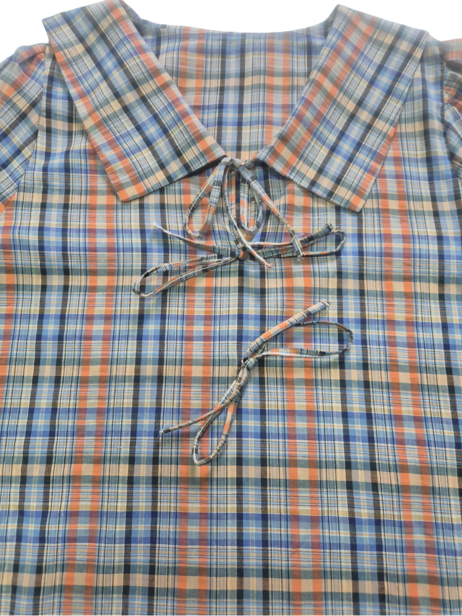 Plaid Lace-Up Blouse with Baby Collar & Puff Sleeves