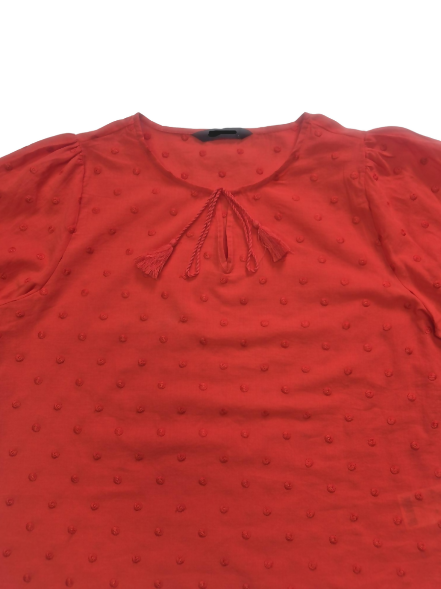 Red Swiss Dot Blouse with Tassel Tie & Balloon Sleeves