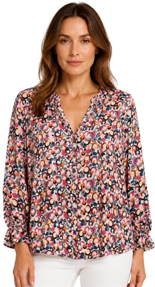 Multicolor Mandarin Collar Blouse with Ruched Sleeve