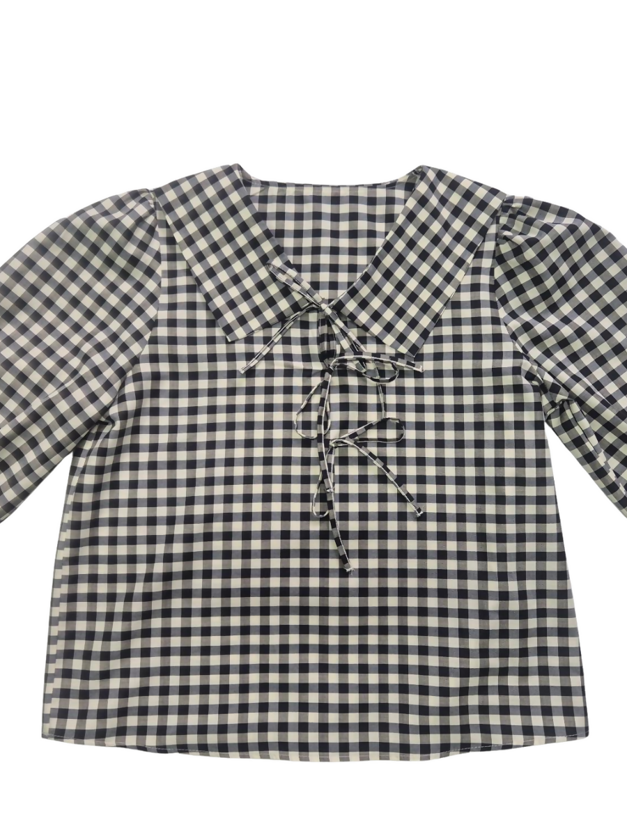 Black & White Gingham Blouse with Baby Collar Tie & Balloon Sleeves