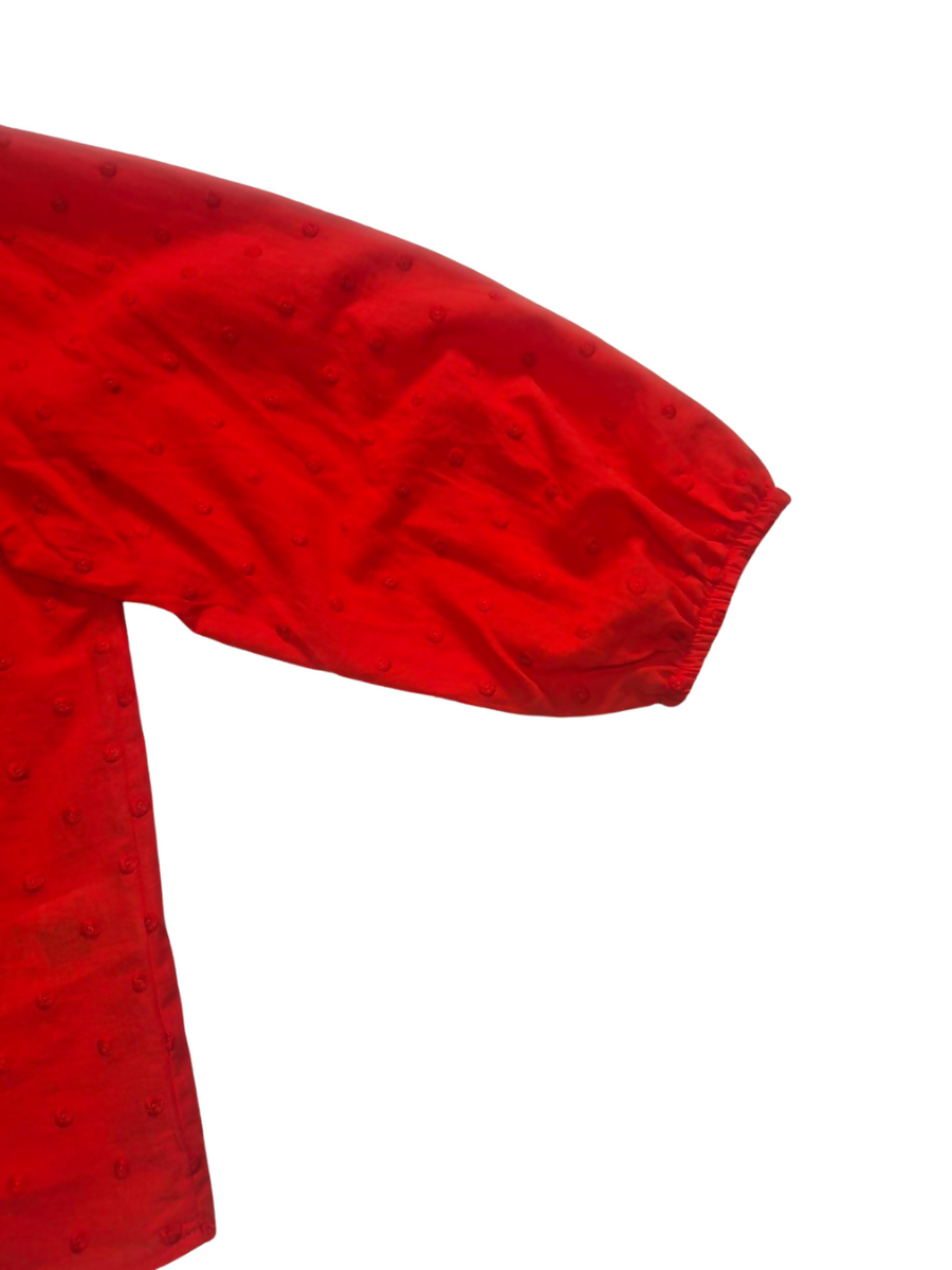 Red Swiss Dot Blouse with Tassel Tie & Balloon Sleeves