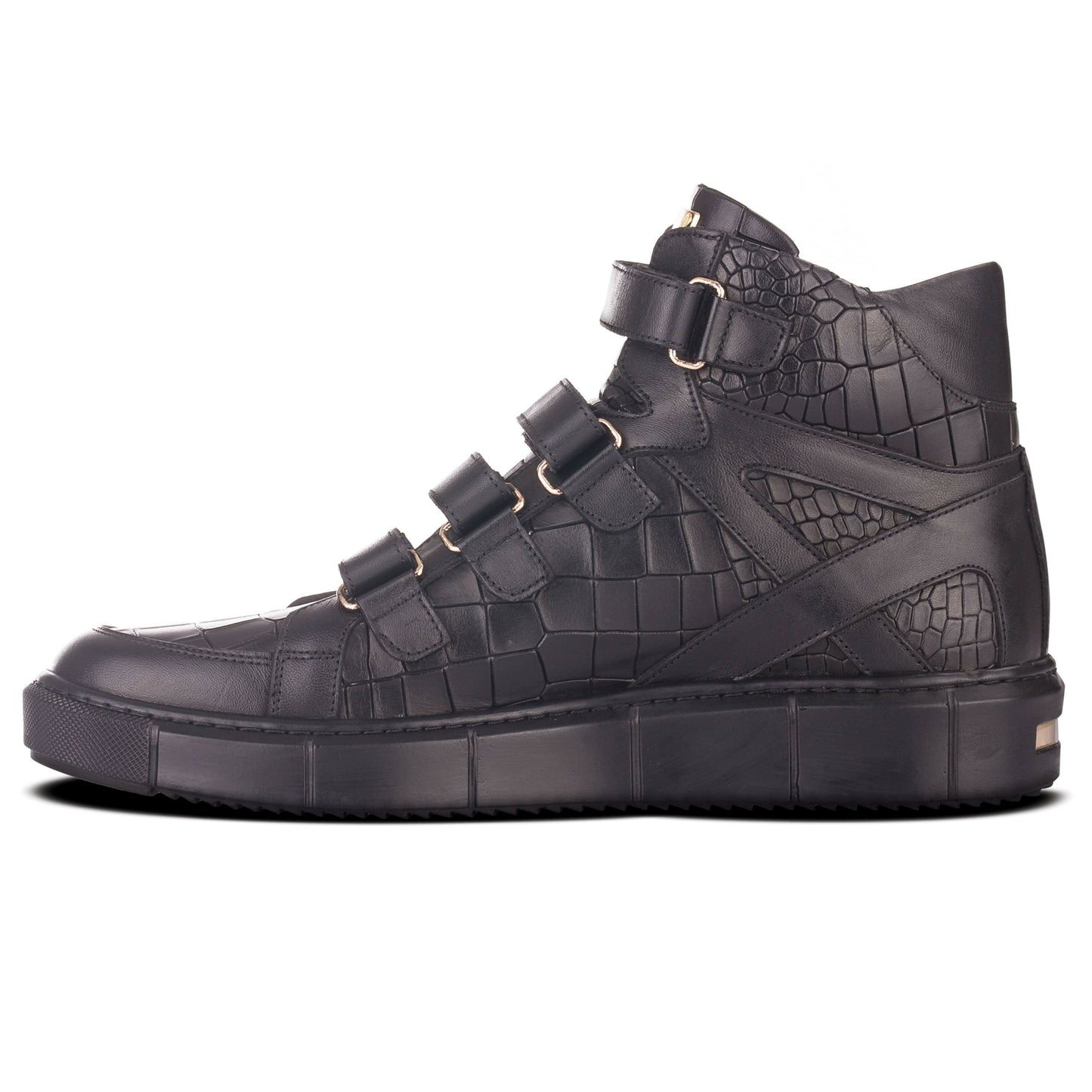 Laccia Black Croco Emboss High-Top Sneaker with Triple Velcro Strap