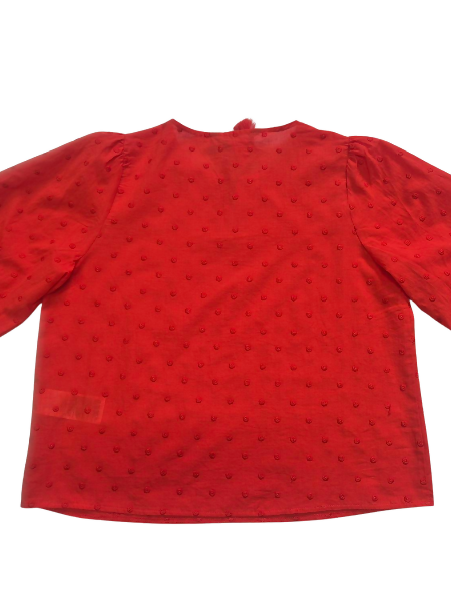 Red Swiss Dot Blouse with Tassel Tie & Balloon Sleeves