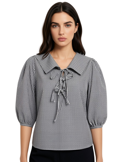 Black & White Gingham Blouse with Oversized Collar & Lace-Up Front