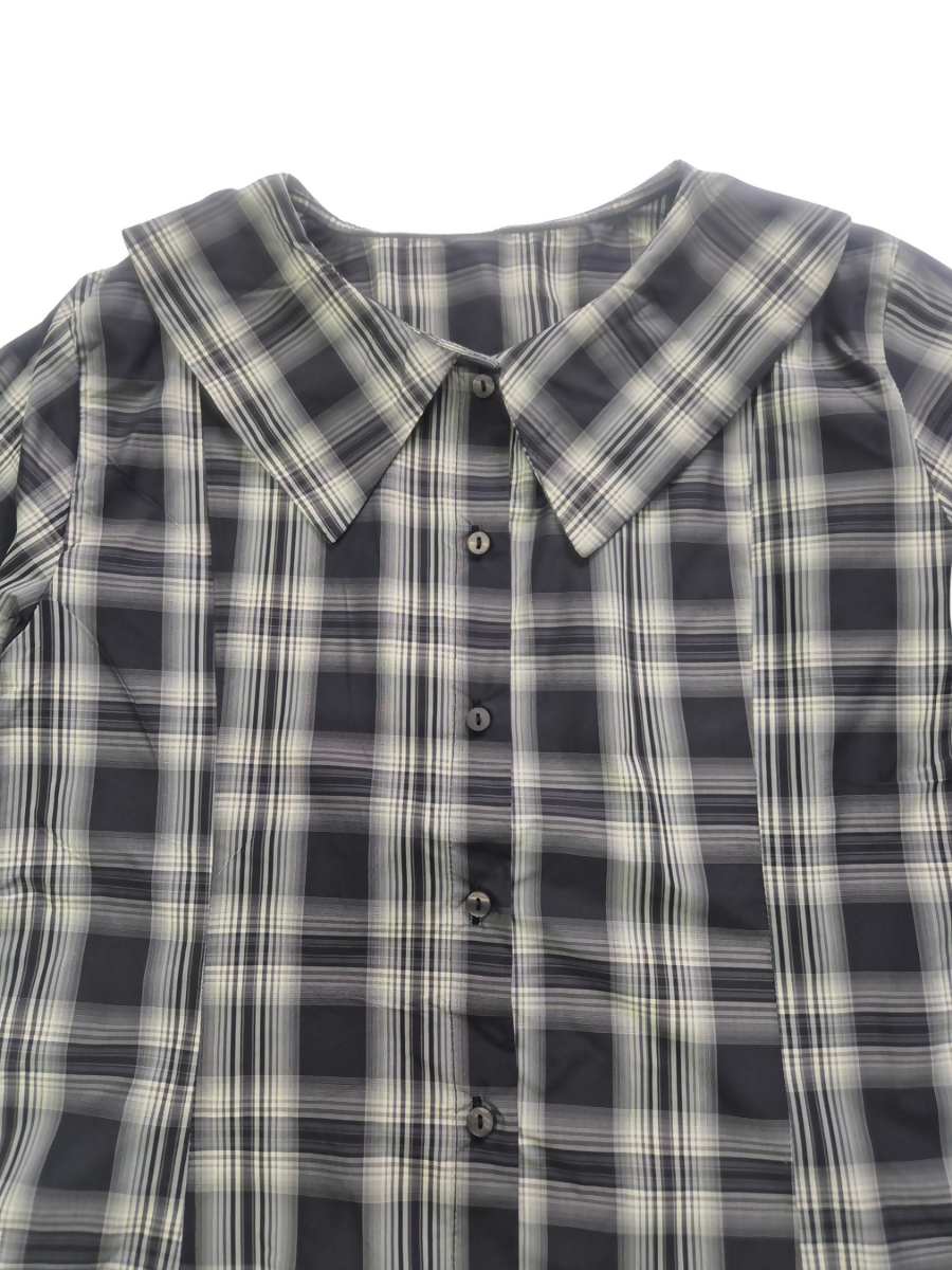 Check Blouse with Oversized Baby Collar & Button Front