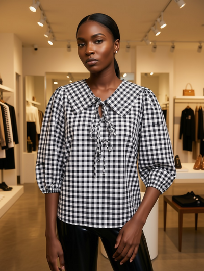 Black & White Gingham Blouse with Baby Collar Tie & Balloon Sleeves