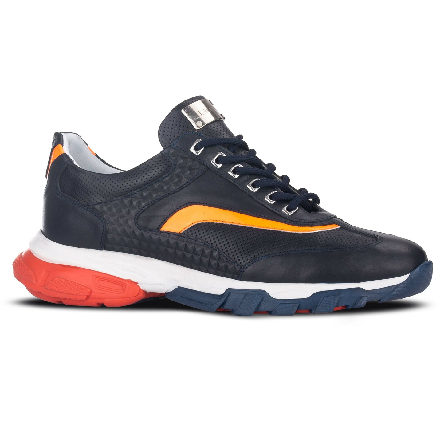 Laccia Navy Perforated Leather Sneaker with Orange Stripe & Tricolor Sole