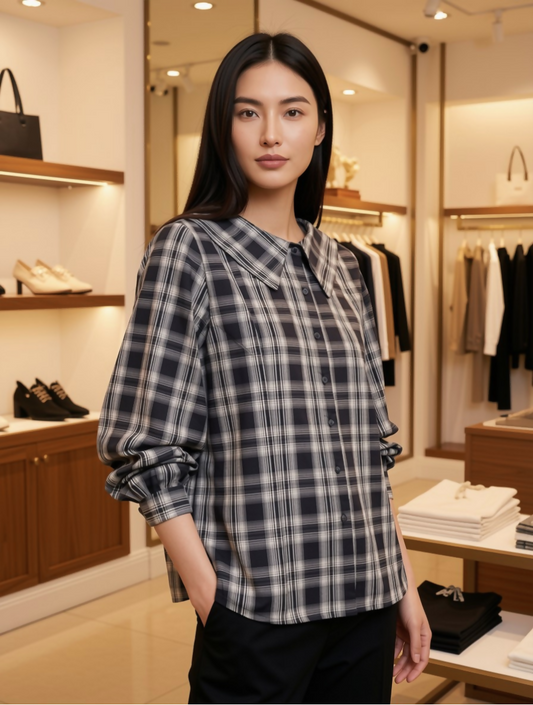 Check Blouse with Oversized Baby Collar & Button Front