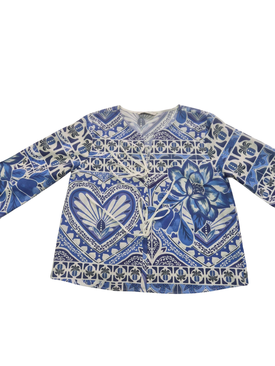 Blue Floral Print Lace-Up Blouse with Balloon Sleeves