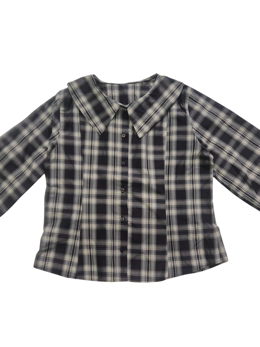 Check Blouse with Oversized Baby Collar & Button Front