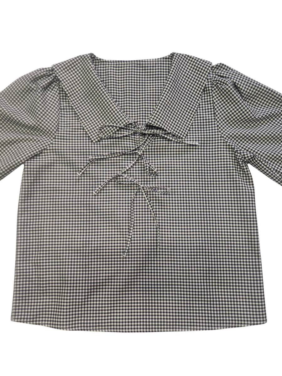 Black & White Gingham Blouse with Oversized Collar & Lace-Up Front